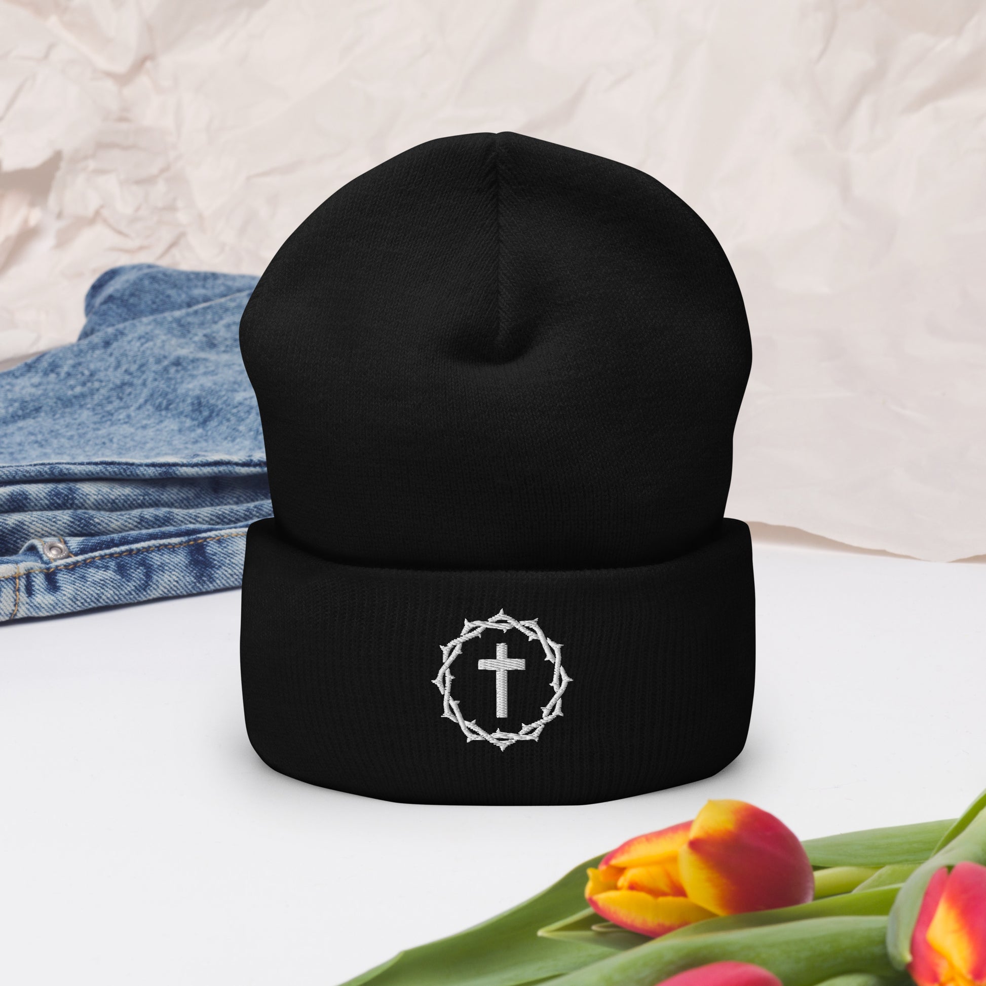 "Crown and Cross" Embroidered Cuffed Beanie