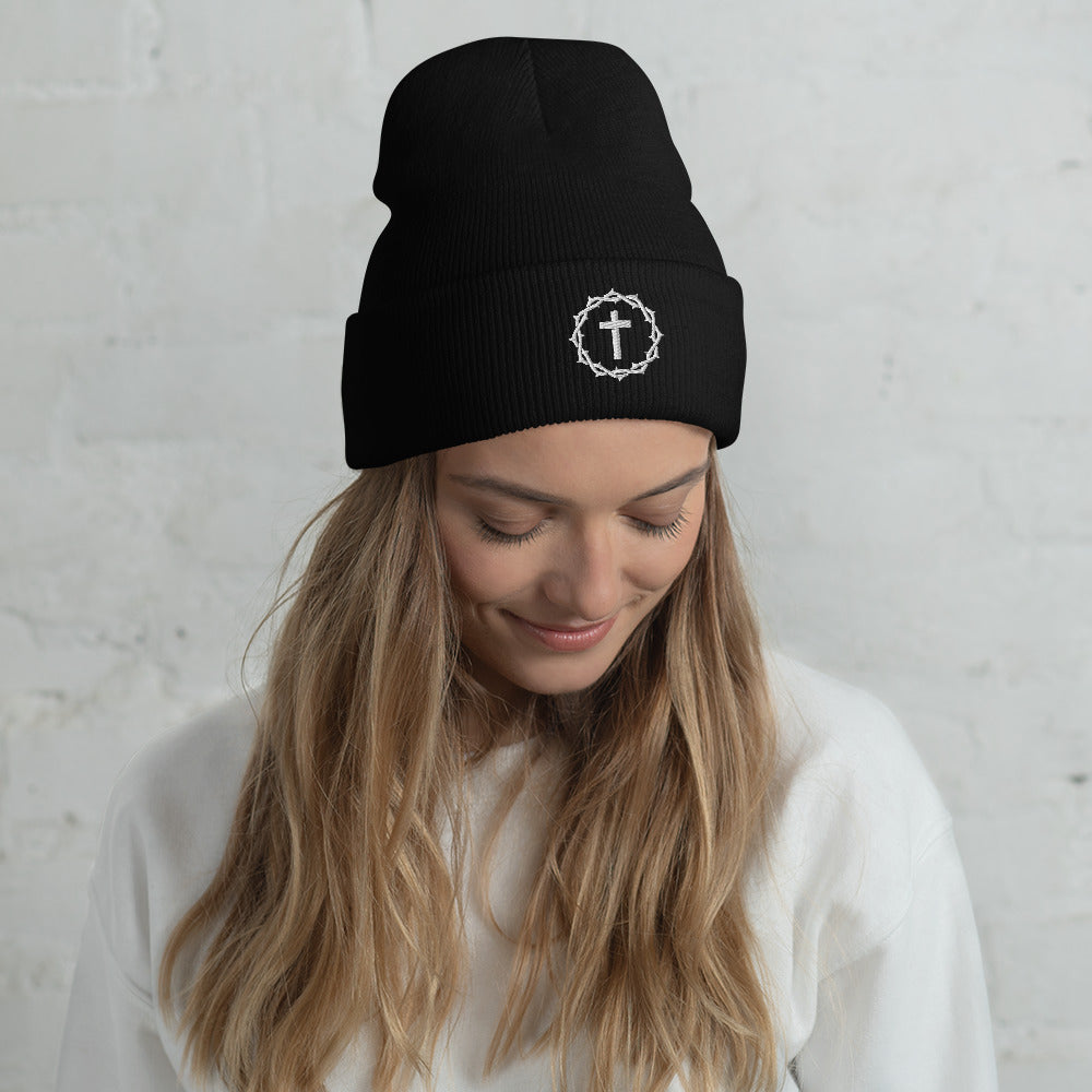 "Crown and Cross" Embroidered Cuffed Beanie