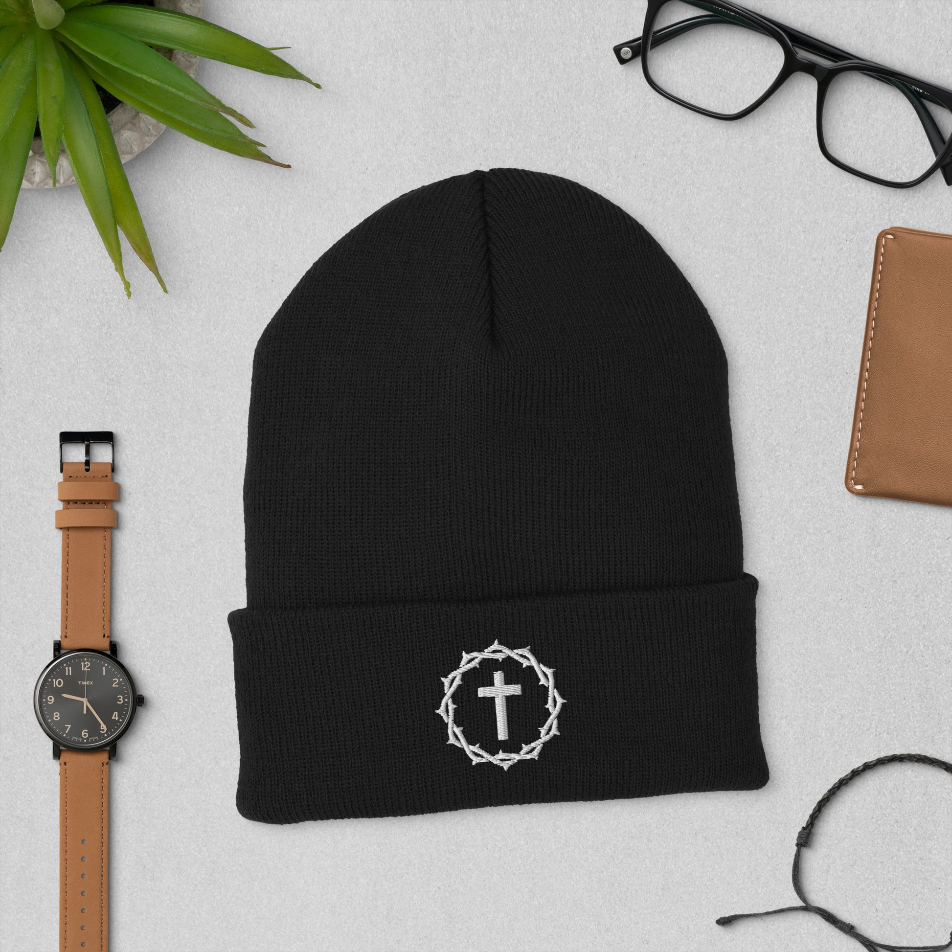 "Crown and Cross" Embroidered Cuffed Beanie