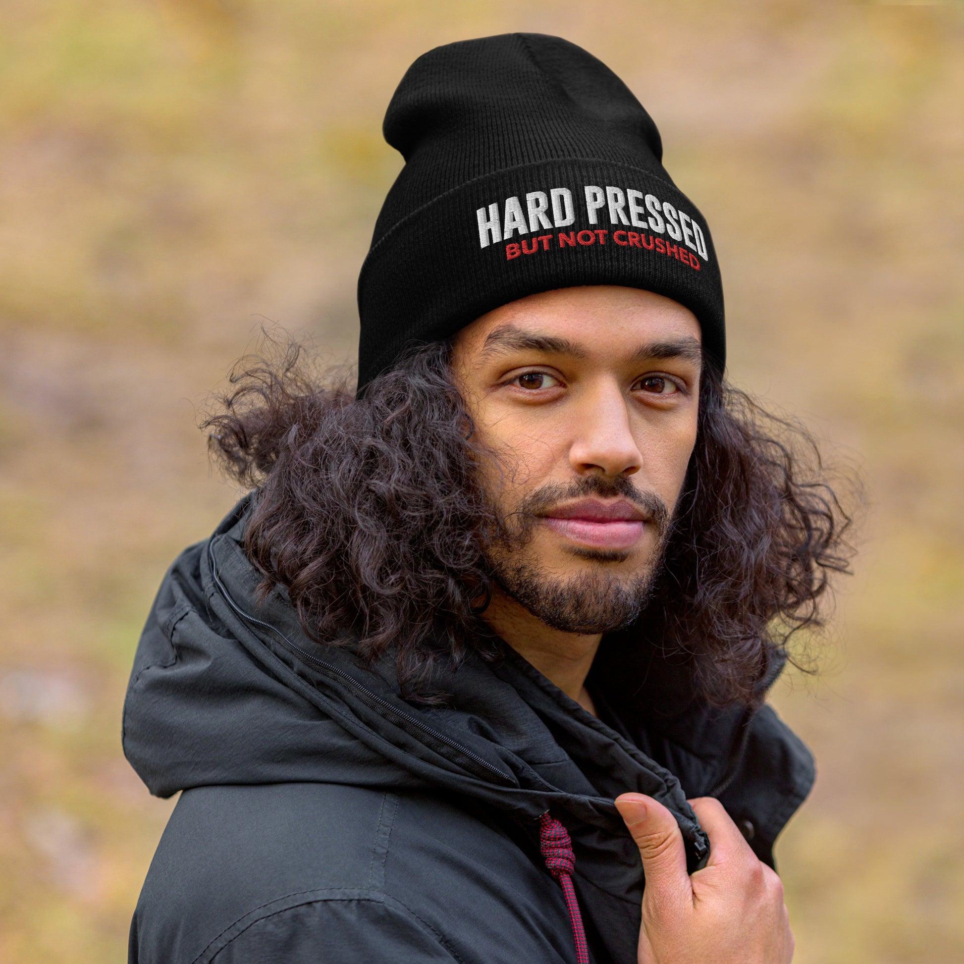 "Hard Pressed" Embroidered Cuffed Beanie