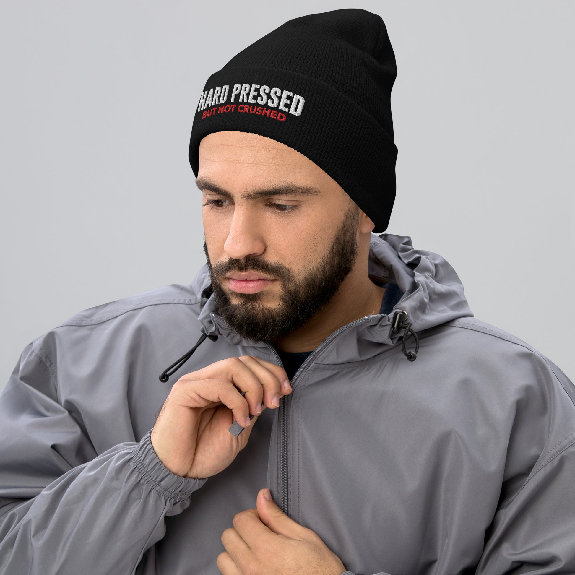 "Hard Pressed" Embroidered Cuffed Beanie