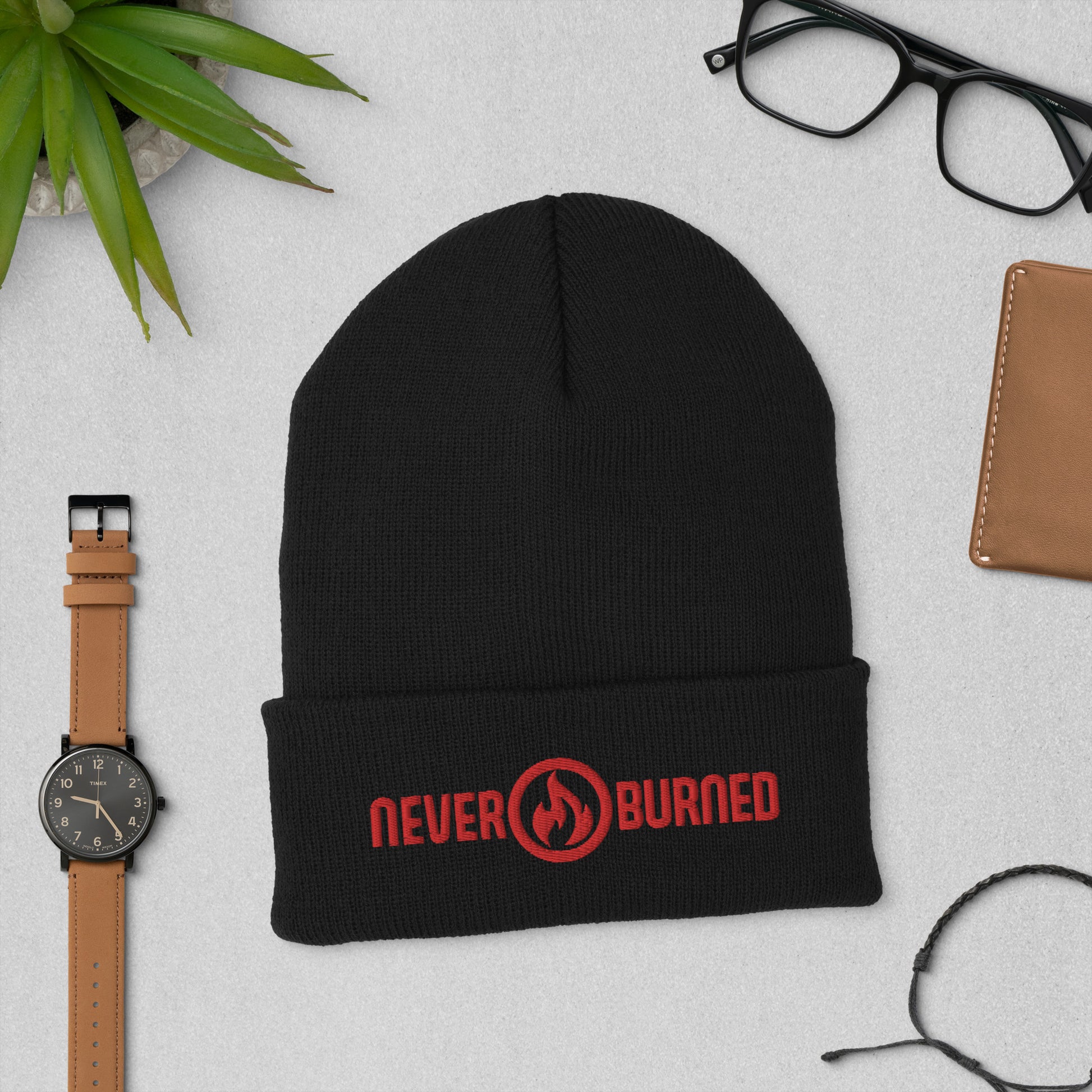 "Never Burned" Embroidered Cuffed Beanie