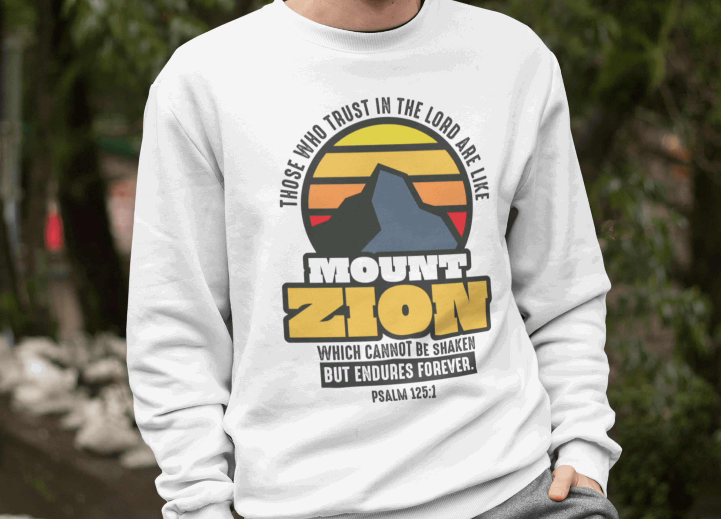 Mount Zion Christian Sweatshirt with Mountain and Sun Gradient - Joe Camilo Designs