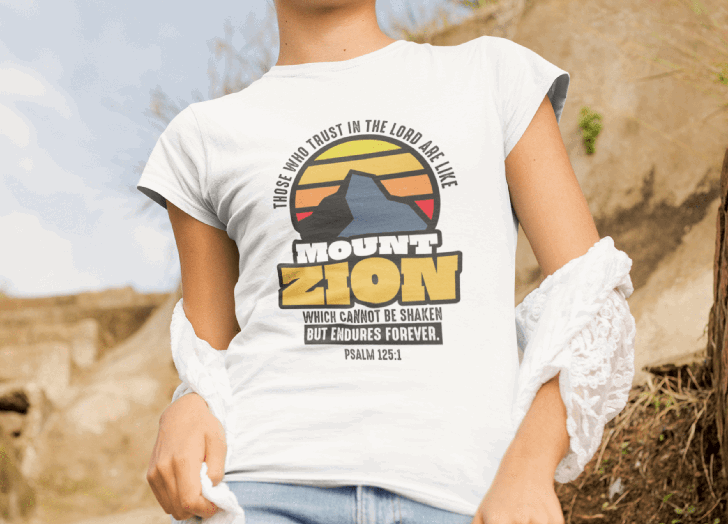 Mount Zion Christian Women Shirt with Mountain and Sun Gradient - Joe Camilo Designs