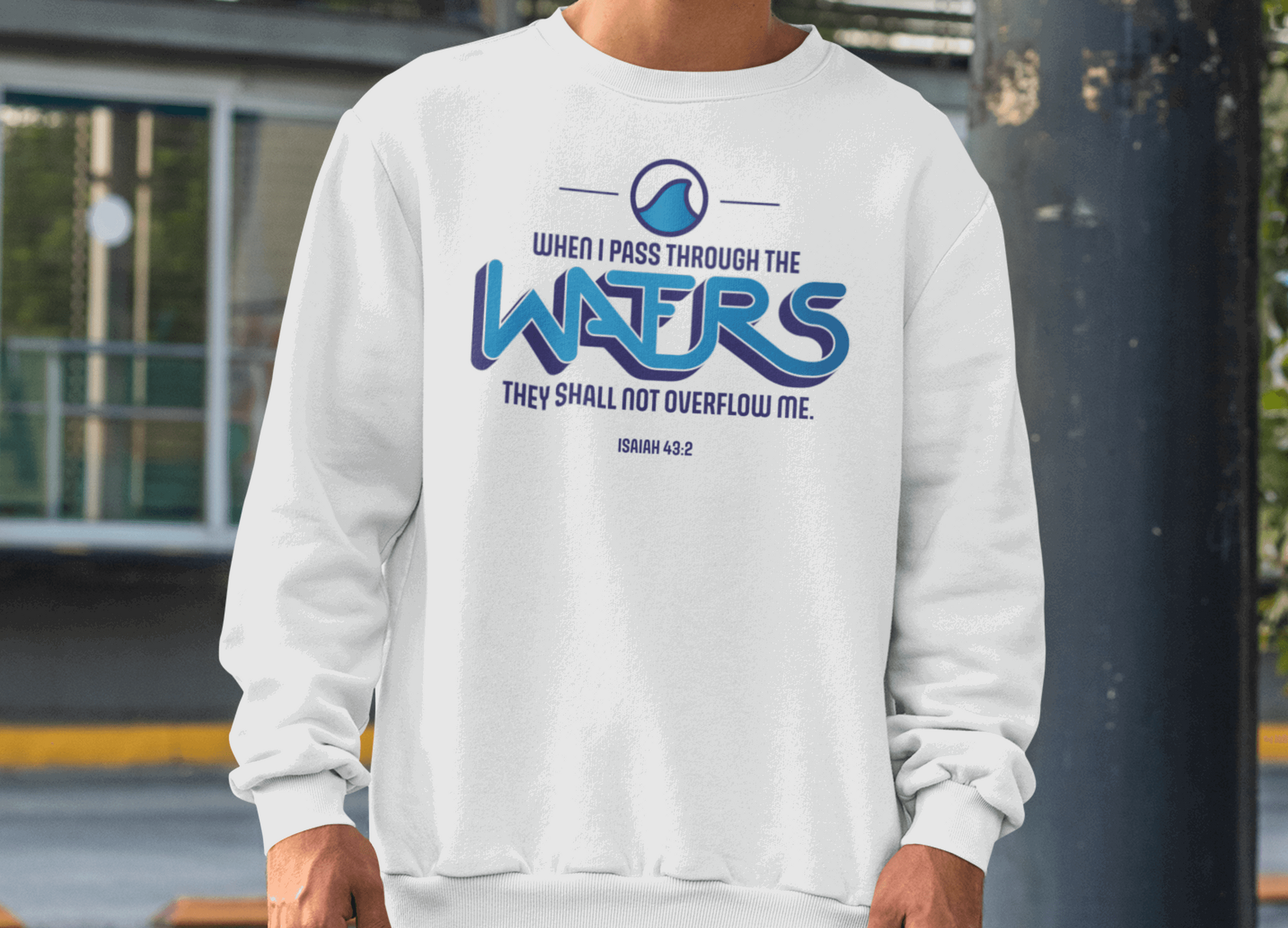 When I Pass Through the Waters Christian Sweatshirt with Wave Icon - Joe Camilo Designs