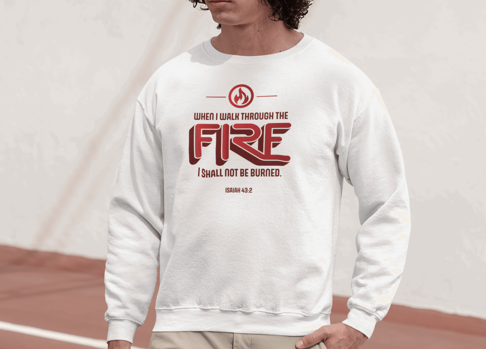 When I Walk Through the Fire Christian Sweatshirt with Fire Icon - Joe Camilo Designs