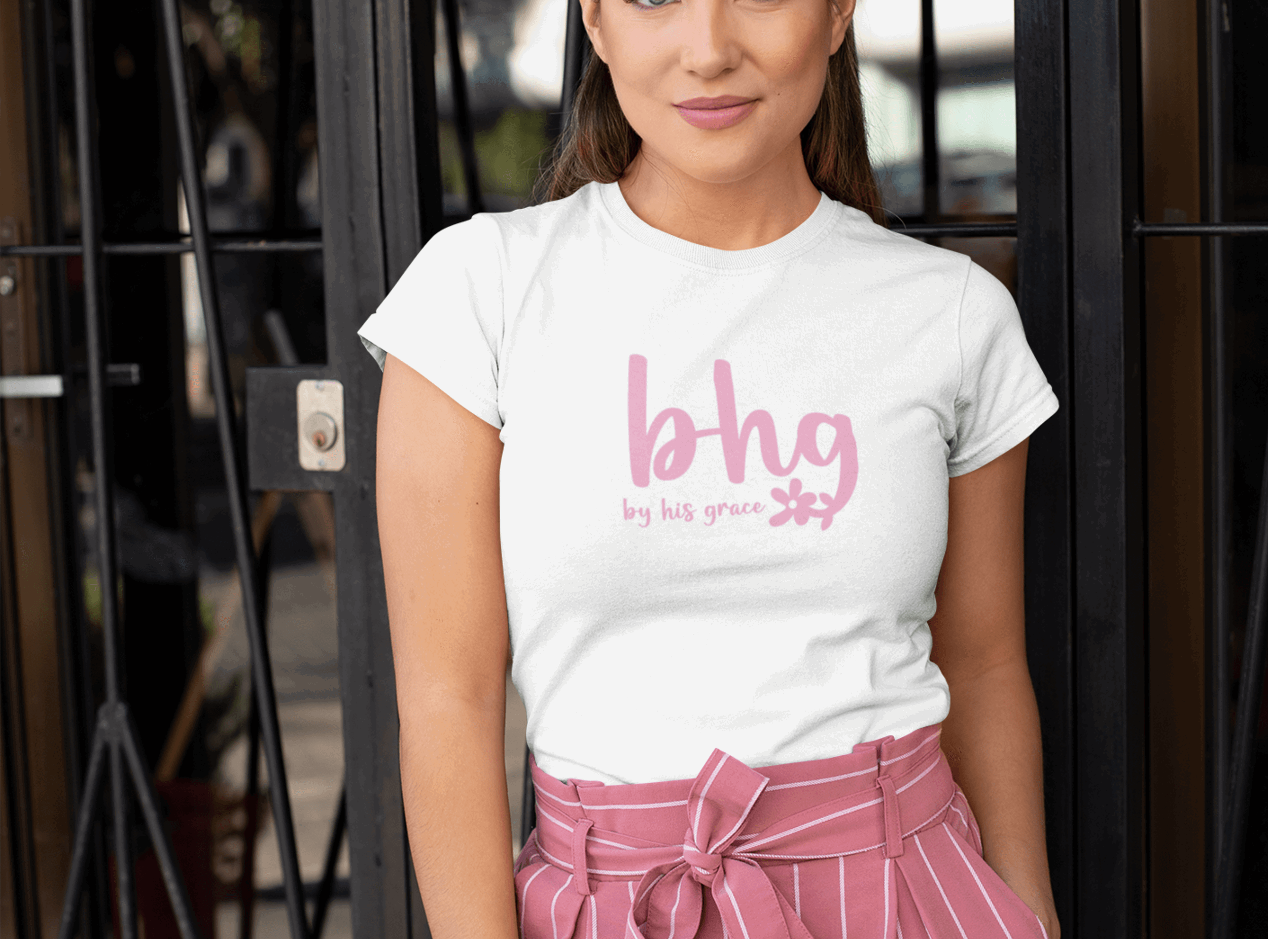 By His Grace Christian Women Shirt with Cursive Font and Flower, BHG - Joe Camilo Designs