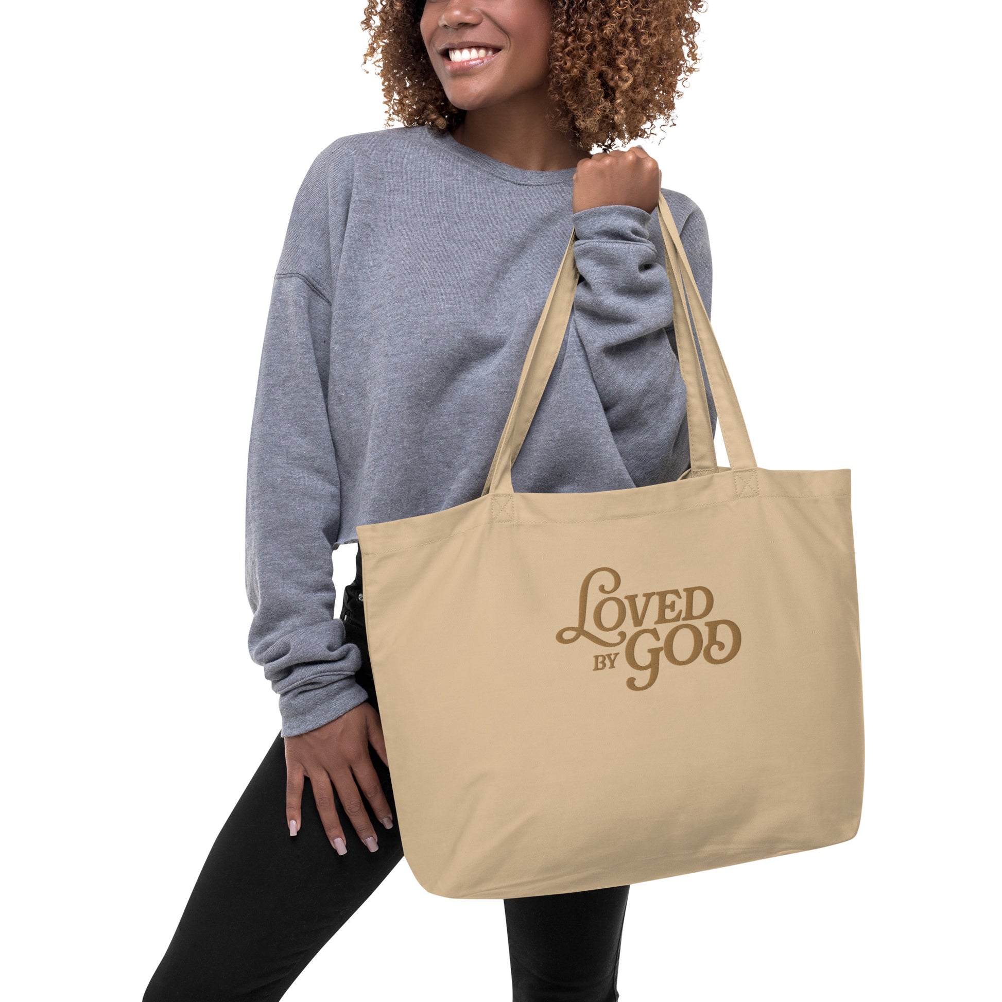 "Loved by God" Embroidered Large Organic Tote Bag