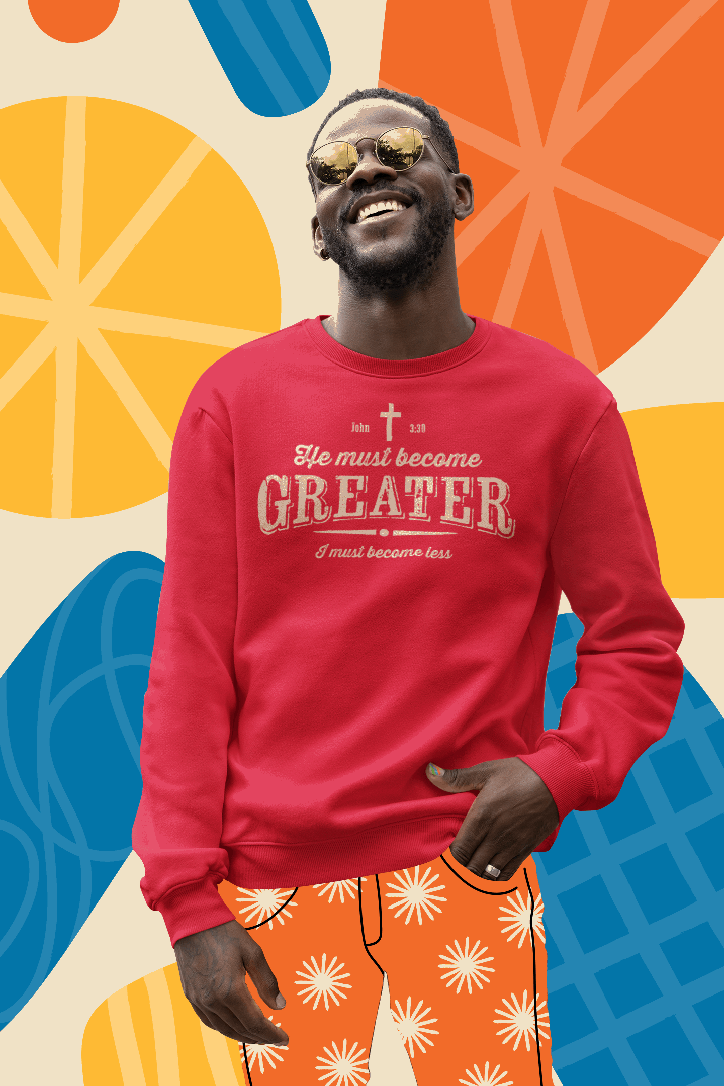 He Must Become Greater Christian Sweatshirt with Vintage and Rustic Letters - Joe Camilo Designs